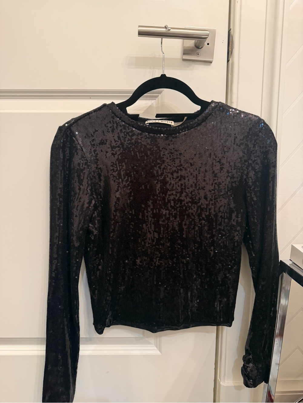 Alice + Olivia Black Sequin Long-Sleeve Top
